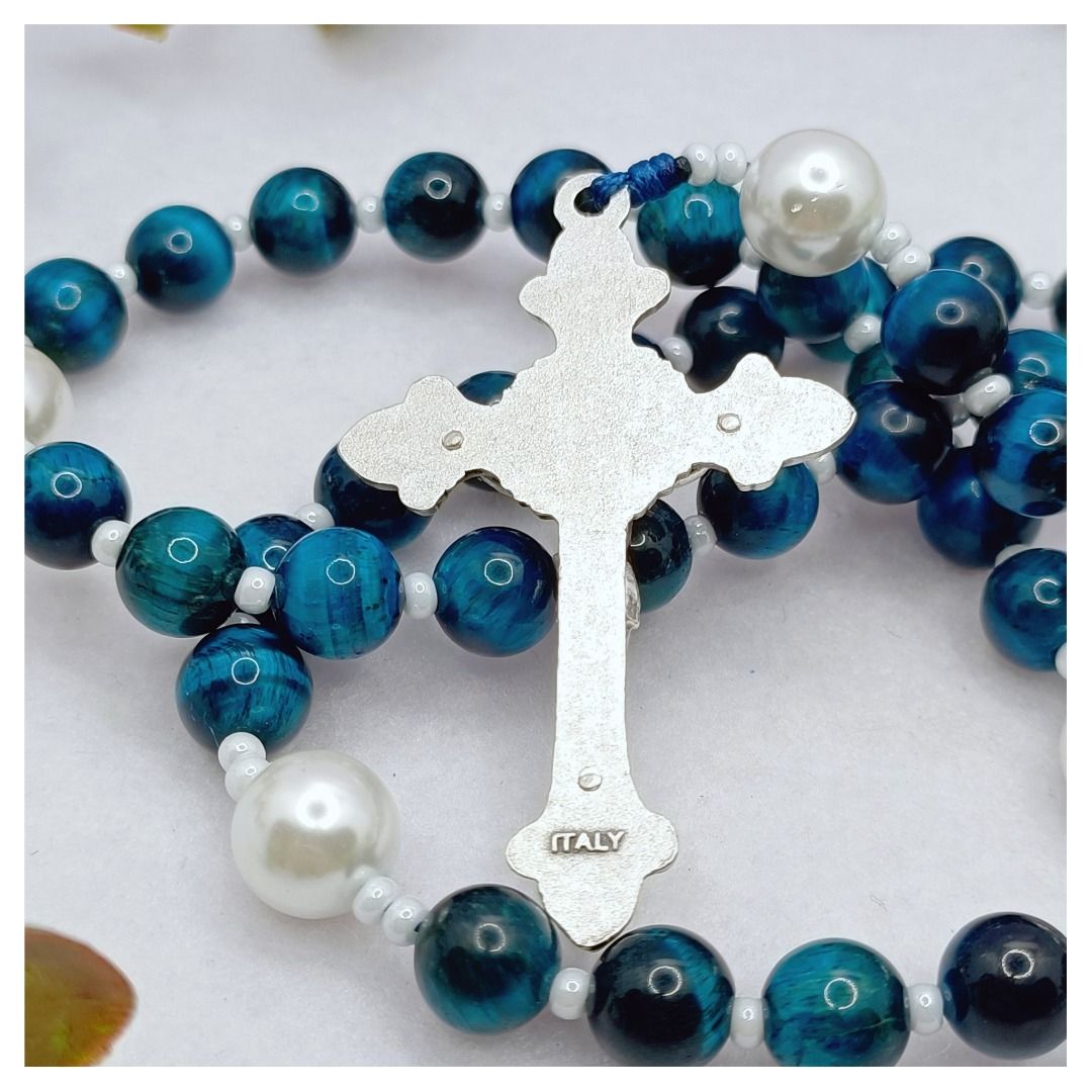 Saint Teresa of Calcutta Rosary with Blue Tiger Eye, White Pearl, St ...