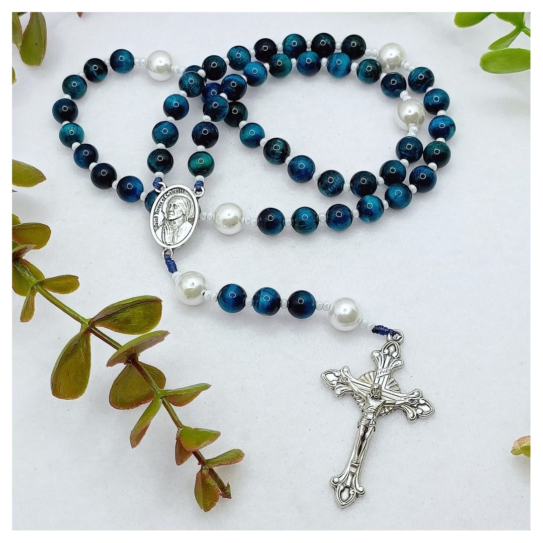 Saint Teresa of Calcutta Rosary with Blue Tiger Eye, White Pearl, St ...