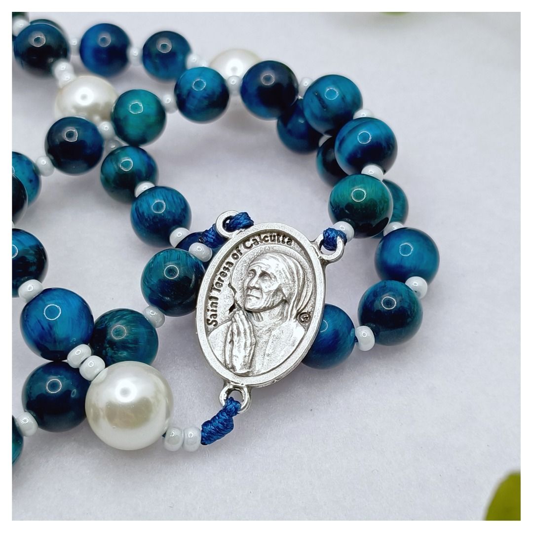 Saint Teresa of Calcutta Rosary with Blue Tiger Eye, White Pearl, St ...