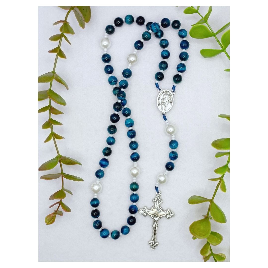 Saint Teresa of Calcutta Rosary with Blue Tiger Eye, White Pearl, St ...