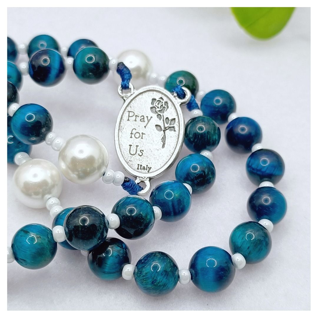 Saint Teresa of Calcutta Rosary with Blue Tiger Eye, White Pearl, St ...