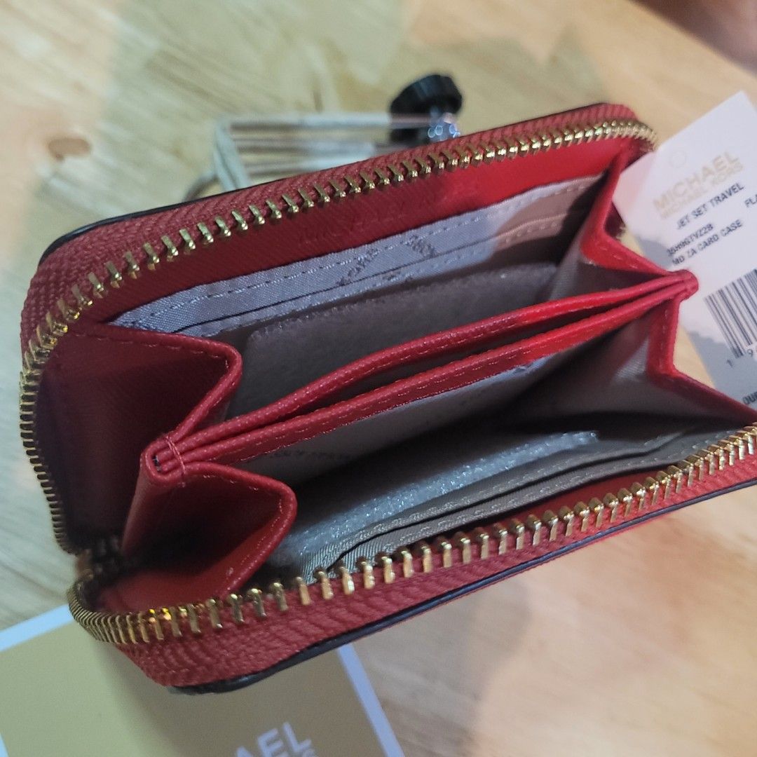 Michael Kors Jet Set Travel Zip Around Card Case Wallet Brown Mk Flame Red  