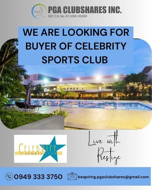 Sports Club (Category: Golf) located in Muntinlupa City. Submitted by beapring.pgaclubshares (Listing ID 1240133702, Image 1). Description: Good Day Golfers! We are looking for Buyer of Celebrity Sports Club share.. •Sports and Recreation• •Swimming Pool •Indoor Tennis Court •Bowling Center •Indoor Badminton Court •Indoor Basketball/ Volleyball Court •Aerobics & Dance Area •Fitness Gym •Billiards Center •Boxing •Table Tennis .
