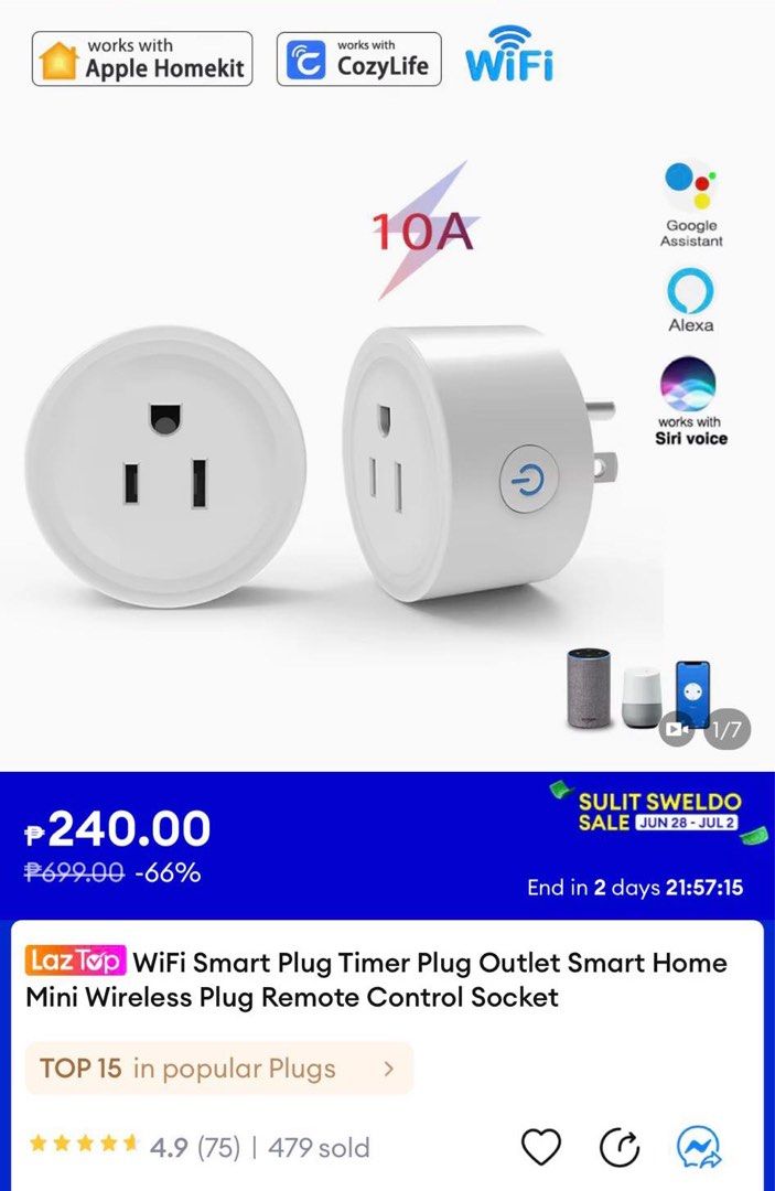 WIFI Smart Plug (Category: Electrical, Adaptors & Sockets) located in Quezon City. Submitted by igabethemagic (Listing ID 1240229790, Image 2). Description: WIFI Smart Plug Description: I’ve attached the Screenshot of the Lazada Listing so you can search the exact one and specifications. Price: ₱240 Selling for ₱220 RFS: Ordered the wrong smart plugs. 😅 Location: Bulacan / Manila (by schedule).
