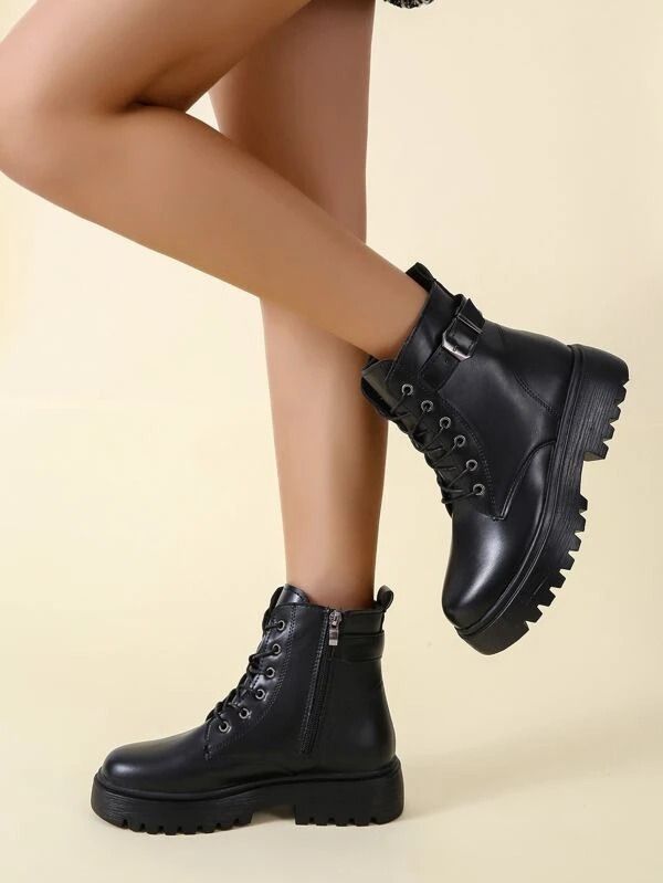 Side Buckle Lace Up Combat Boots