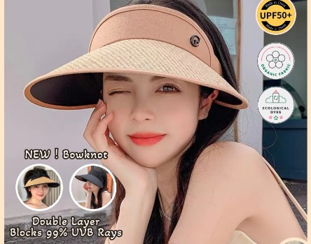 UV Sun Hat Women 2 in 1 Wide Straw Brim Button On Hat or Visor Summer Beach  Wear