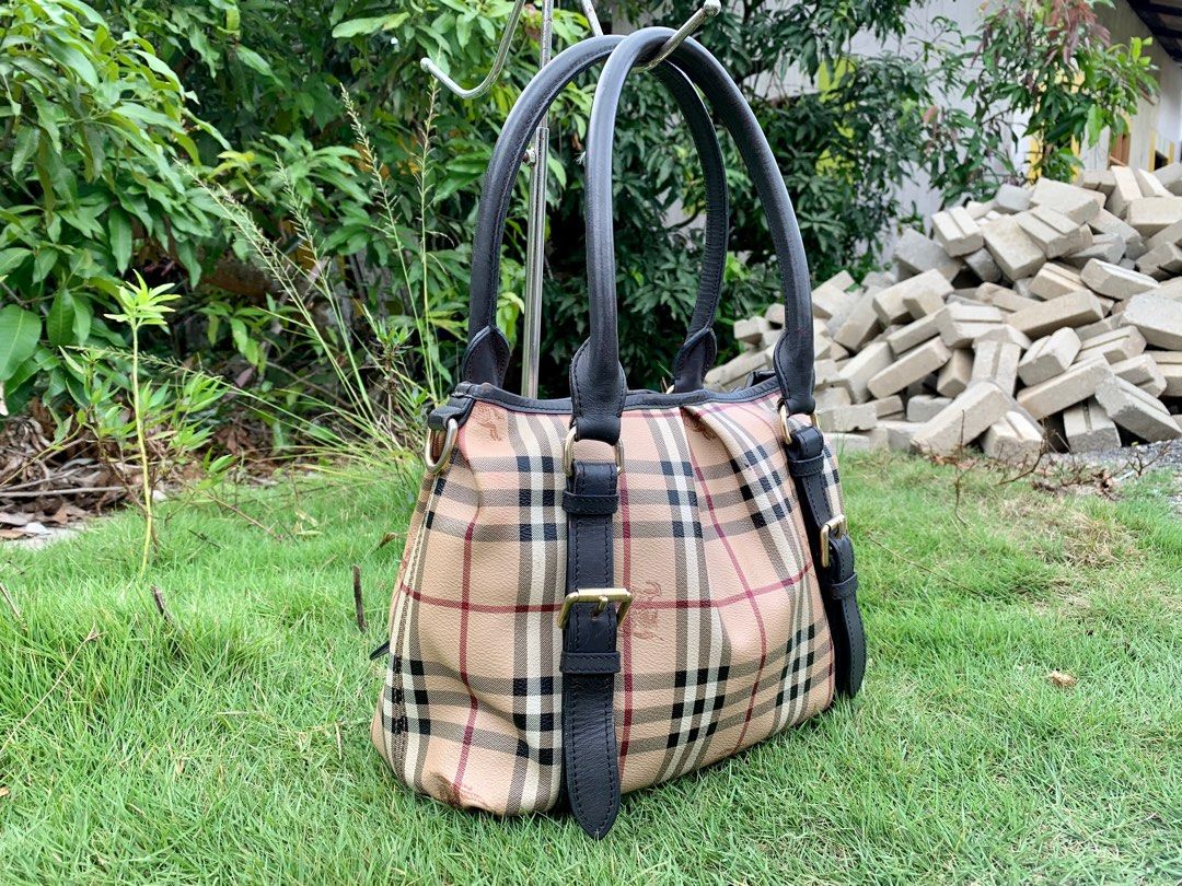 Burberry Haymarket Check Coated Canvas Brown Leather Tote Bag