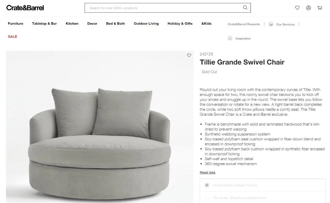 Sale Crate Barrel Tillie Grande Swivel Chair Round Sofa Chaise
