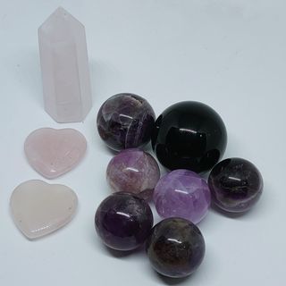 Crystal Balls, Pillar, Heart Shape Rose Quartz, Amethyst, Obsidian 粉晶柱，心形，紫水晶球，黑曜石球