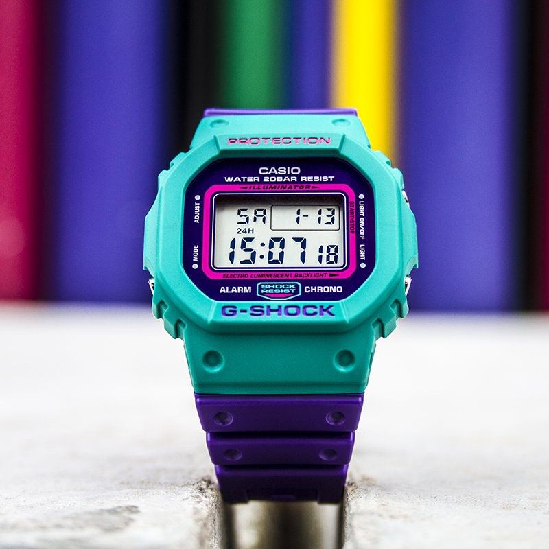 G Shock DW 5600TB Throwback Series Joker Retro 1980s Purple and Green Japan set DW 5600TB 6 G Shock