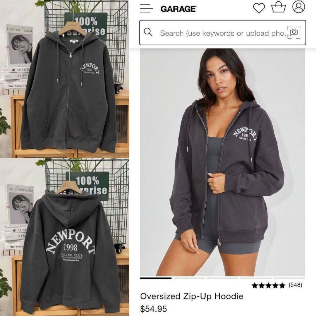 Garage Oversized Zip Up Hoodie grey white newport portland embroidery zipper jacket fleece po