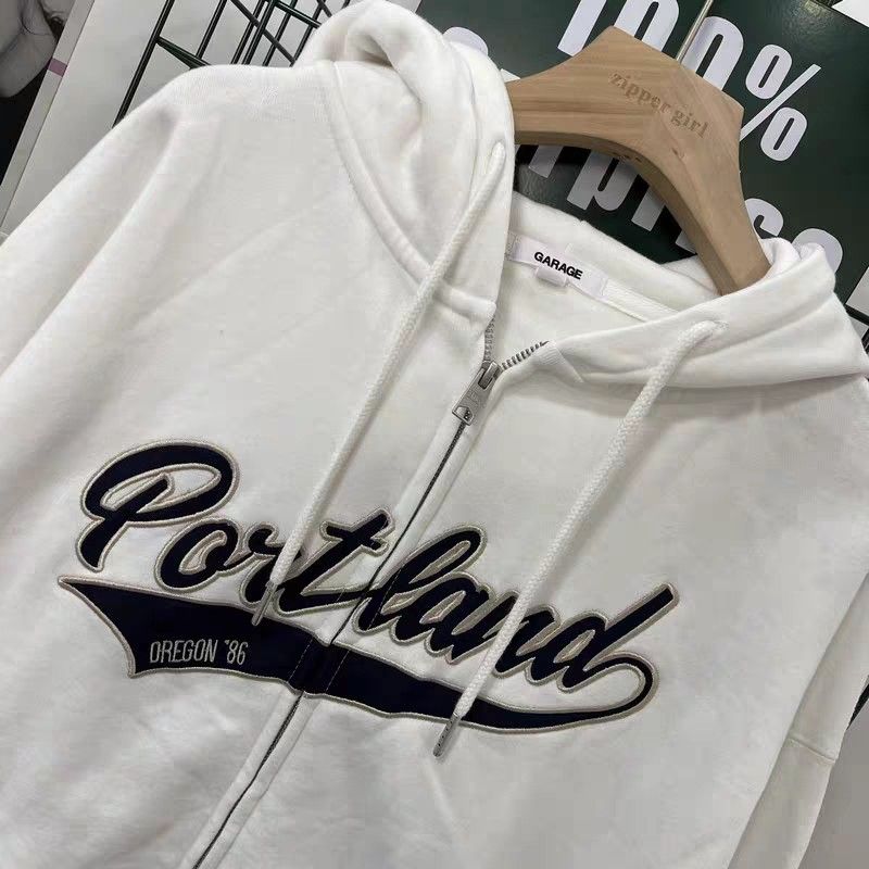 Garage Oversized Zip Up Hoodie grey white newport portland embroidery zipper jacket fleece po