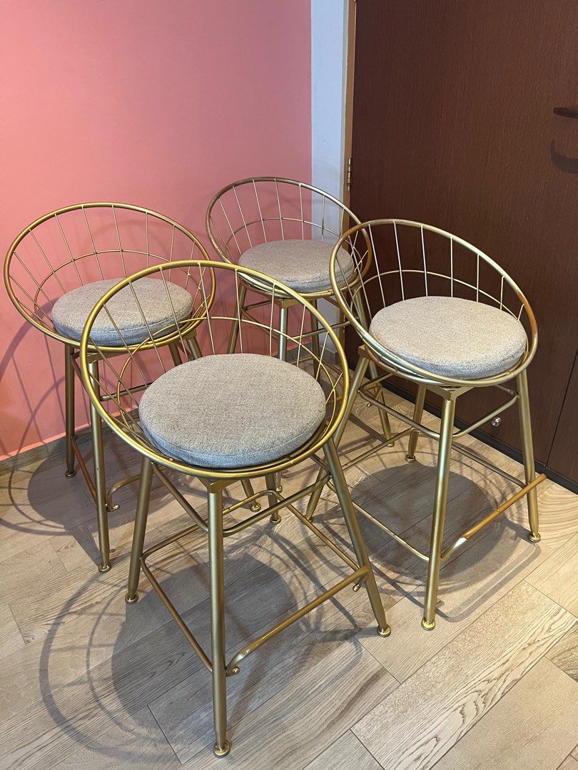 Golden Bar Stools with Grey Cushion, Furniture & Home Living, Furniture