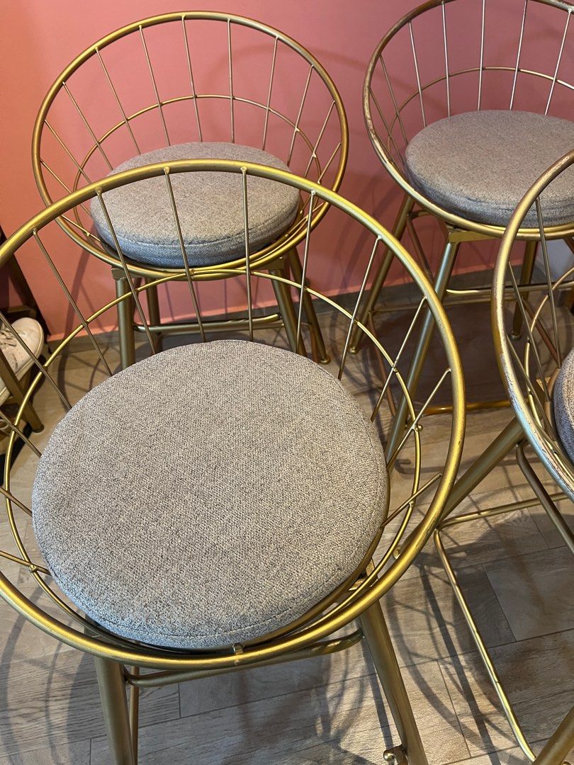 Golden Bar Stools with Grey Cushion, Furniture & Home Living, Furniture