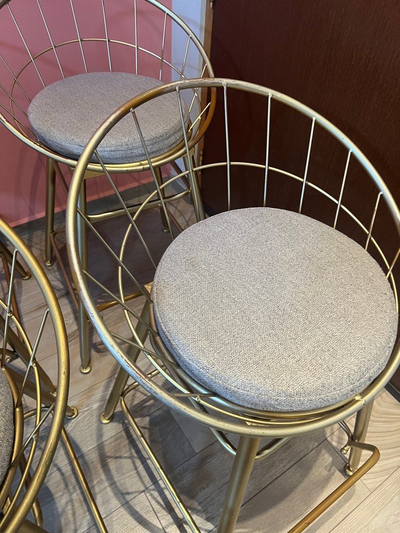 Golden Bar Stools with Grey Cushion, Furniture & Home Living, Furniture