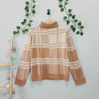 ‼️HARGA NETT‼️ Crop Sweater Blouse Knit Top Turtleneck Rajut Pattern Motif Tartan Houndstooth Kotak Square Daily Knitwear Outfit Coklat Bata Brown Caramel Peach
