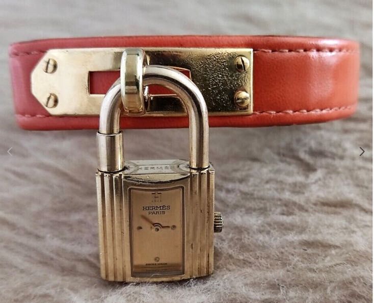 HERMES KELLY GOLD Plaque PADLOCK Quartz Gold & Black Ladies Watch Rare