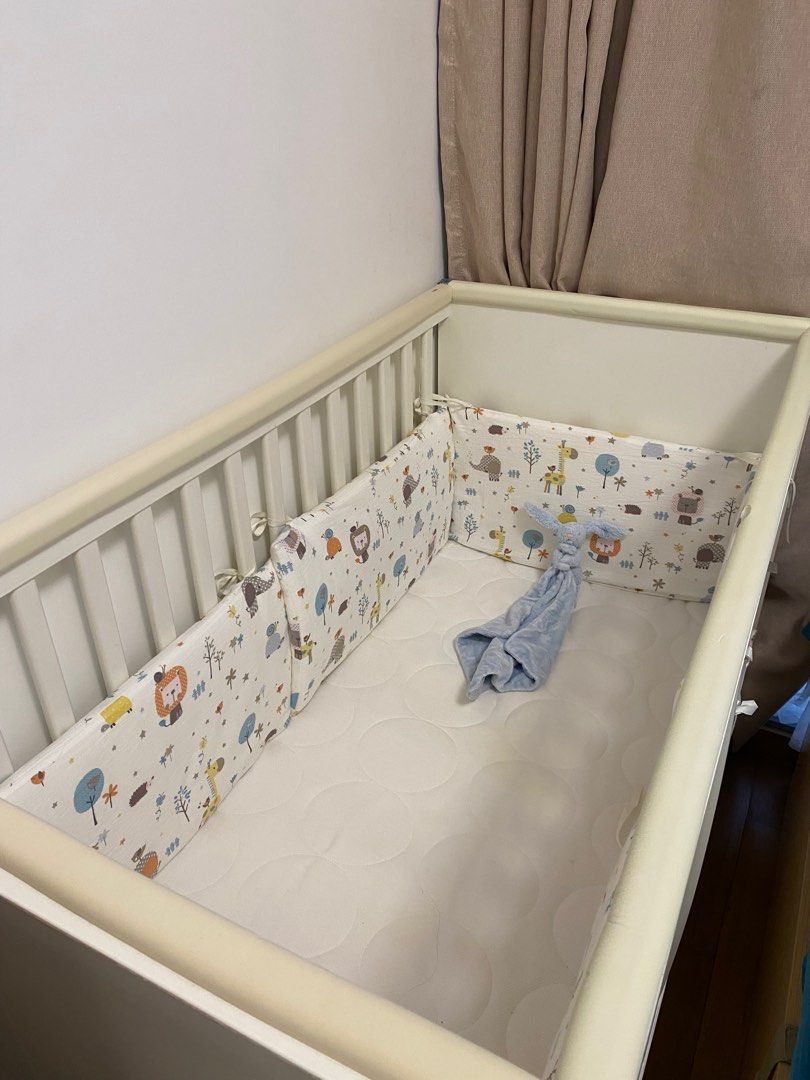 IKEA baby Cot + Matress + side protection + rollers, Babies & Kids