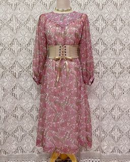🌸Japanese Vintage 1980s 80s Pink Paisley Pointed Yoke Cuffed Long Sleeve Midi Dress Thrift Academia Grandmacore Cottagecore Prairie
