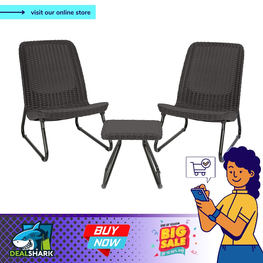 Keter Rio 3 Pc All Weather Outdoor Patio Garden Conversation Chair Table Set Furniture Grey