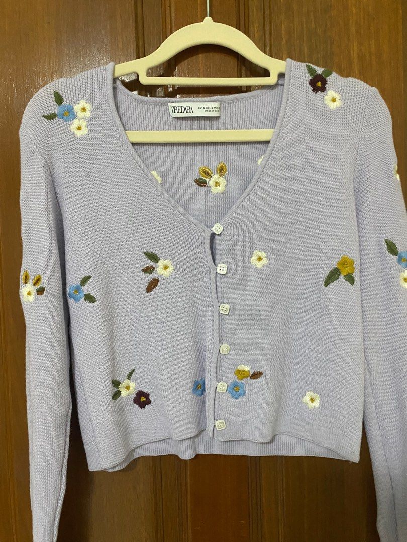 lilac floral embroidery knitted cardigan Zara insp, Women's