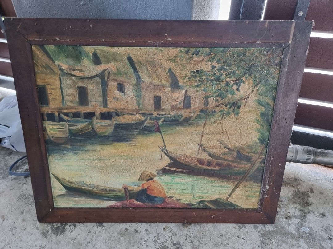 Lukisan Lama Gambar Bingkai Kayu rare, Hobbies & Toys, Collectibles