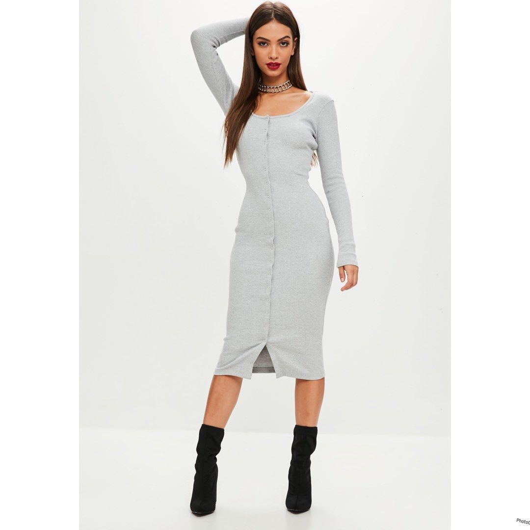 MISSGUIDED Grey Long Sleeve Bodycon Knit Ribbed Midi Popper Button Dress Women s Fashion Dresses Sets Dresses on Carousell