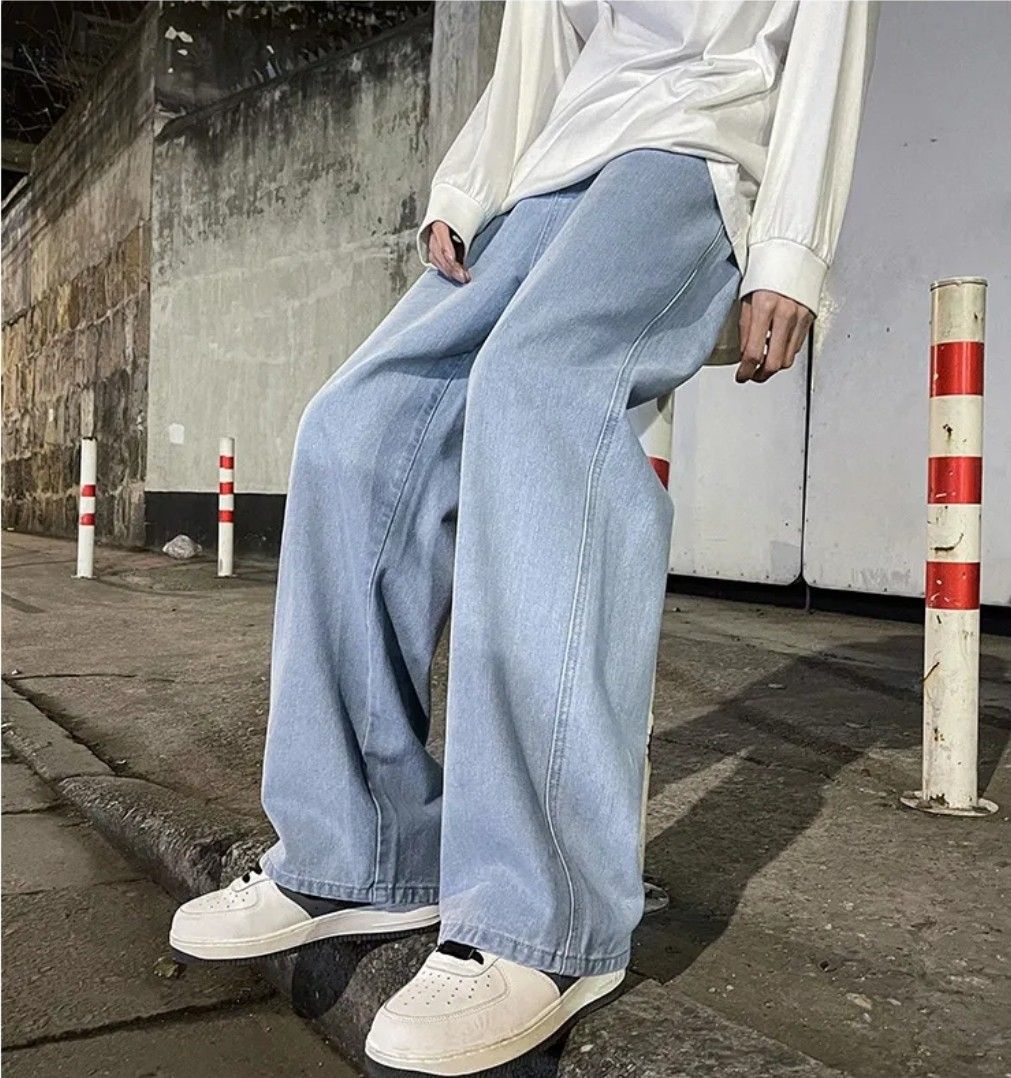 Korean Jeans Streetwear Hip Hop Baggy Denim Trousers Straight Wide Leg Pants
