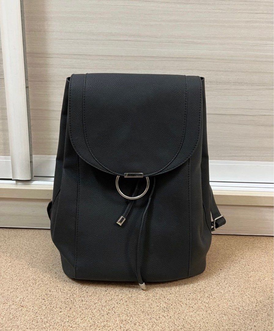 New Look Leather Backpack Ring Flap Drawstring Black Strap charles keith zalora