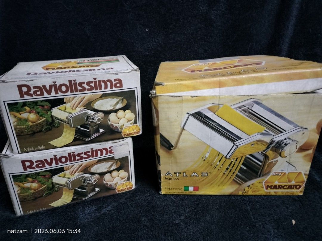 PASTA MAKER MARCATO (Category: Other Kitchen Appliances) located in Makati City. Submitted by mungojerry (Listing ID 1235398501, Image 1). Description: MARCATO ATLAS Model 150 (made in Italy) Complete BASIC SET PLUS WITH FOUR ADDITIONAL ATTACHMENTS -Angel Hair -Ravioli small -Ravioli Large (has stain) -Cannelloni BASIC SET and all additional attachments are MARCATO BRAND. Basic set purchased at Duty Free Philippines. Attachments purchased from ab