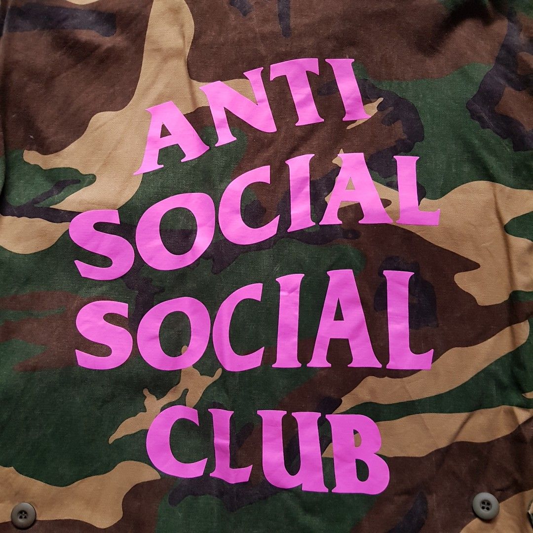 Rare vintage Anti Social Social Club Made in USA ASSC vintage camo army shacket jacket coat Get Weird pink embroidery shirt military army biker rider