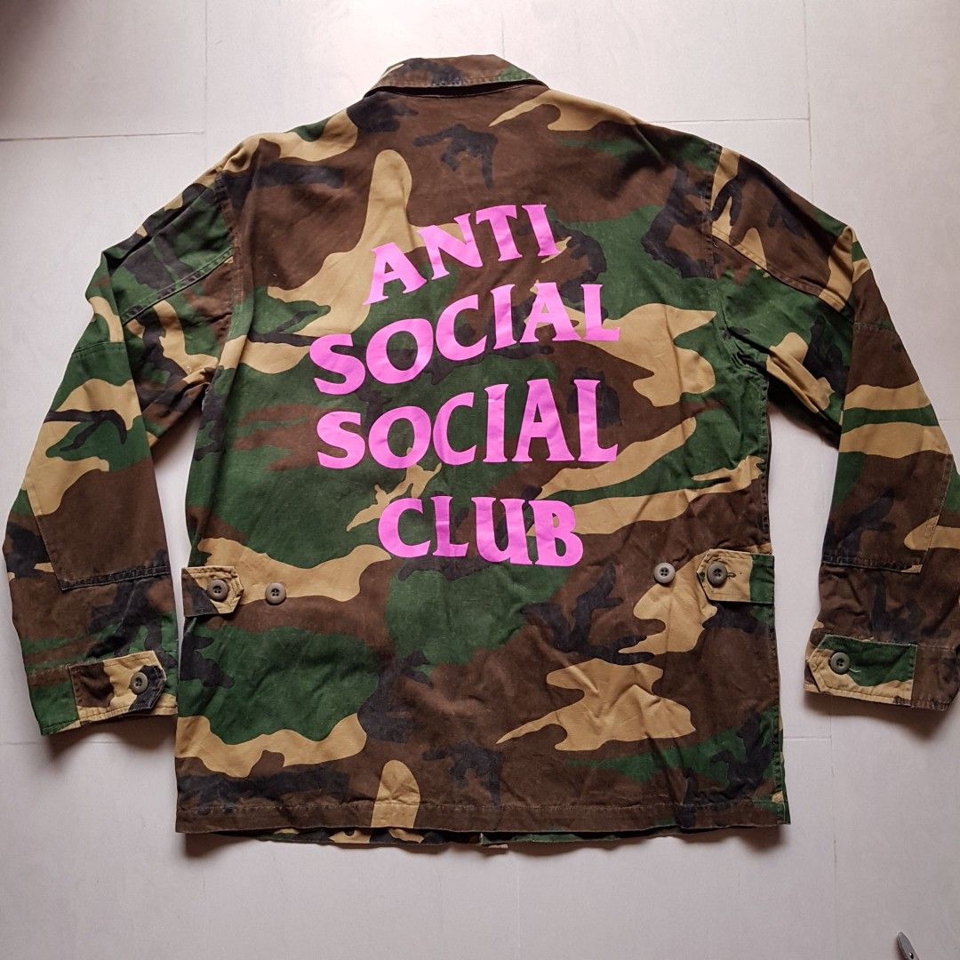 Rare vintage Anti Social Social Club Made in USA ASSC vintage camo army shacket jacket coat Get Weird pink embroidery shirt military army biker rider