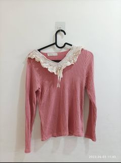 Ruby午茶針織翻領蕾絲針織粉紅色上衣