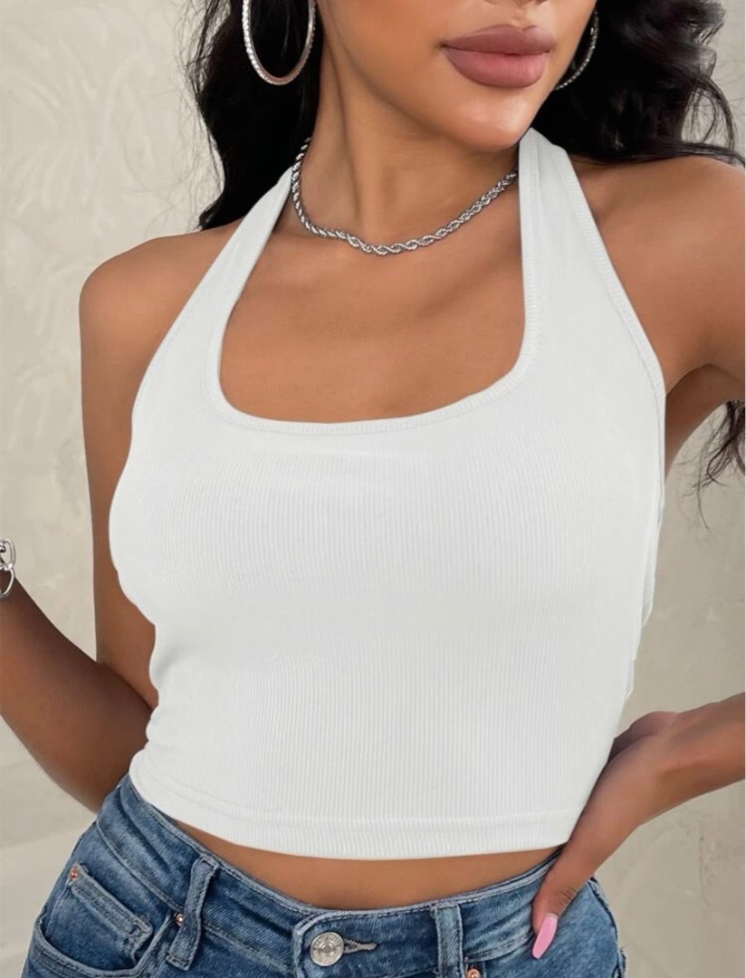 shein white halter crop top, Women's Fashion, Tops, Other Tops on Carousell