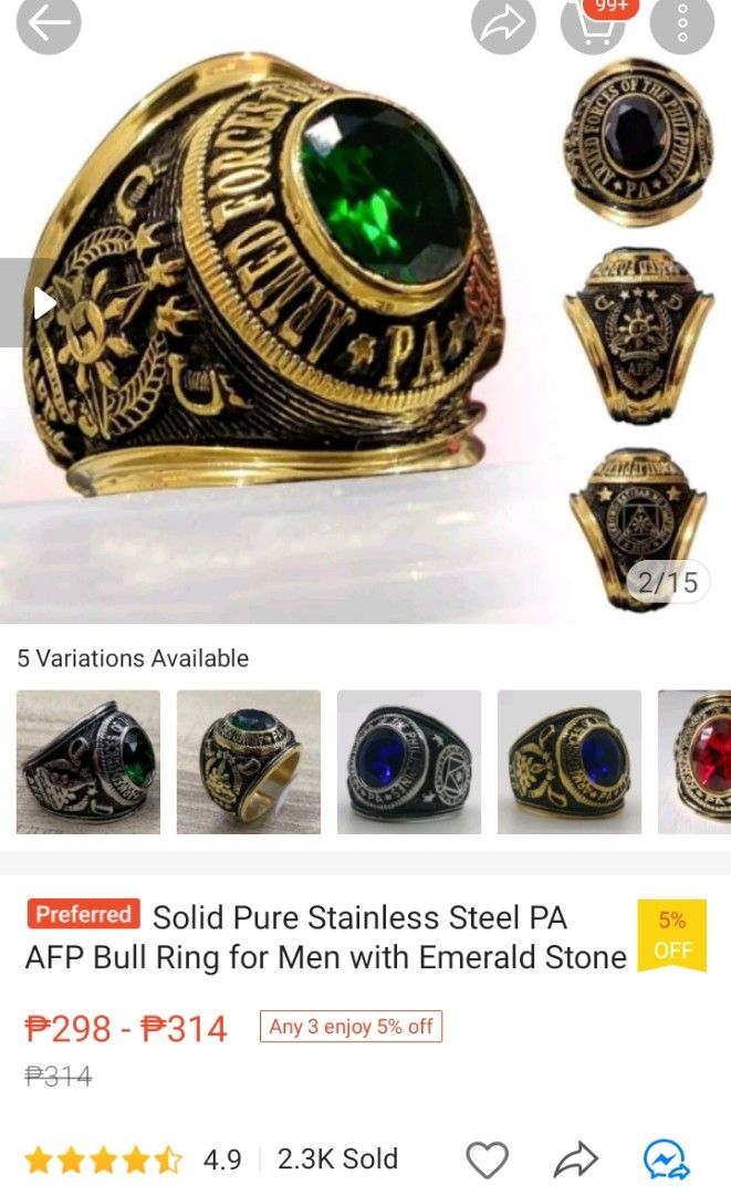 Solid pure stainless steel PA AFP bull ring for men with emerald stone ...