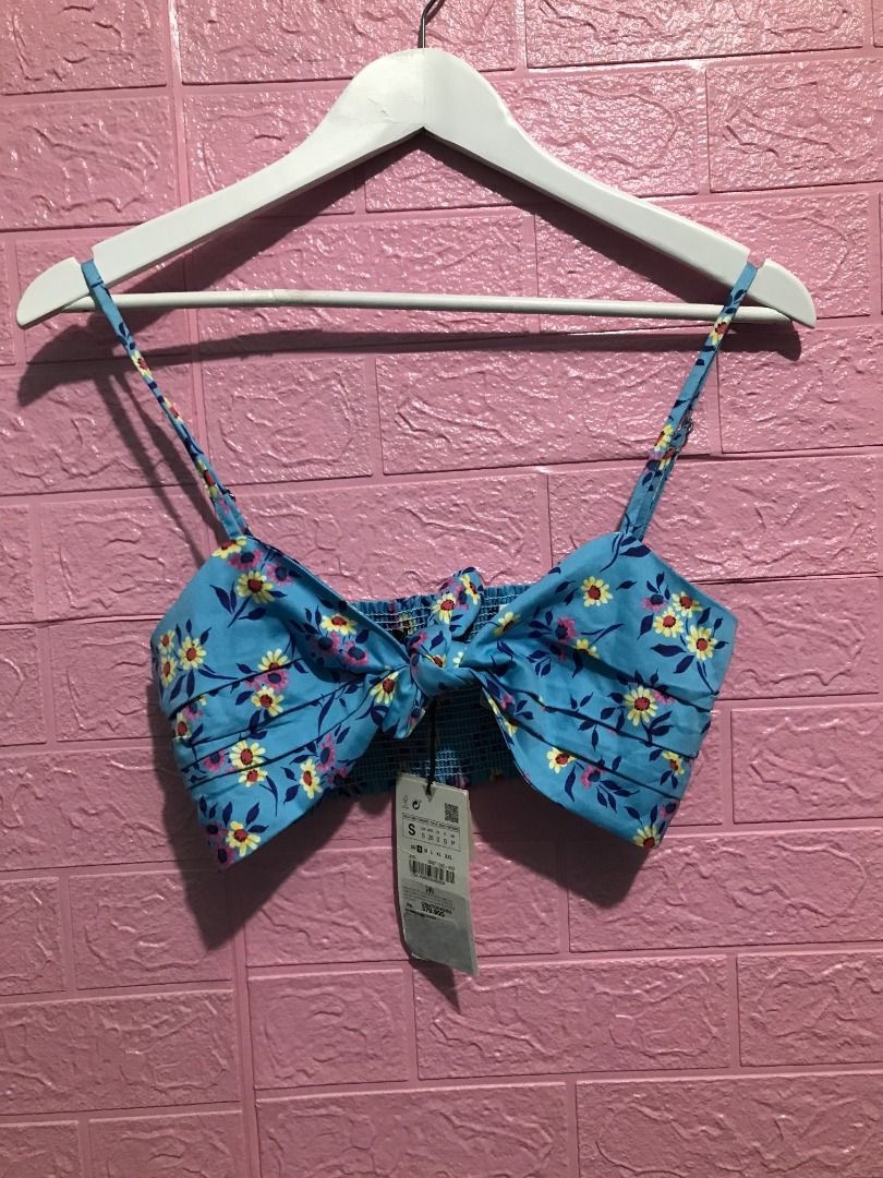 SPECIAL PRICE !!! ZARA Blue Floral Print Crop Top With Knot BY HIDDEN TREASURE, Fesyen Wanita