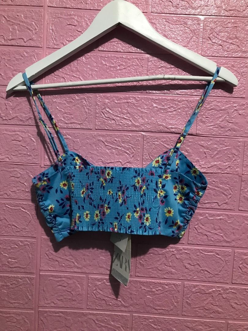 SPECIAL PRICE !!! ZARA Blue Floral Print Crop Top With Knot BY HIDDEN TREASURE, Fesyen Wanita