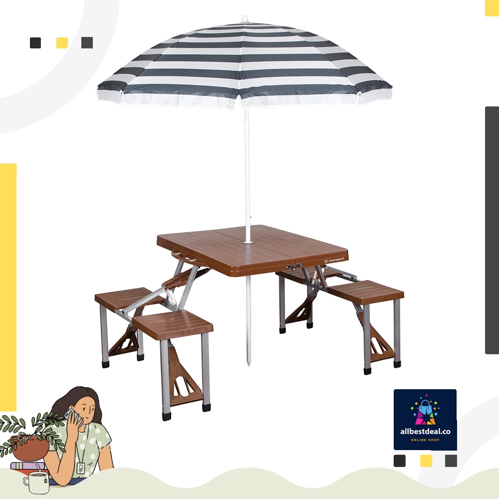 Stansport Picnic Table and Umbrella Combo, 33.5" x 75" x 25.5", Brown