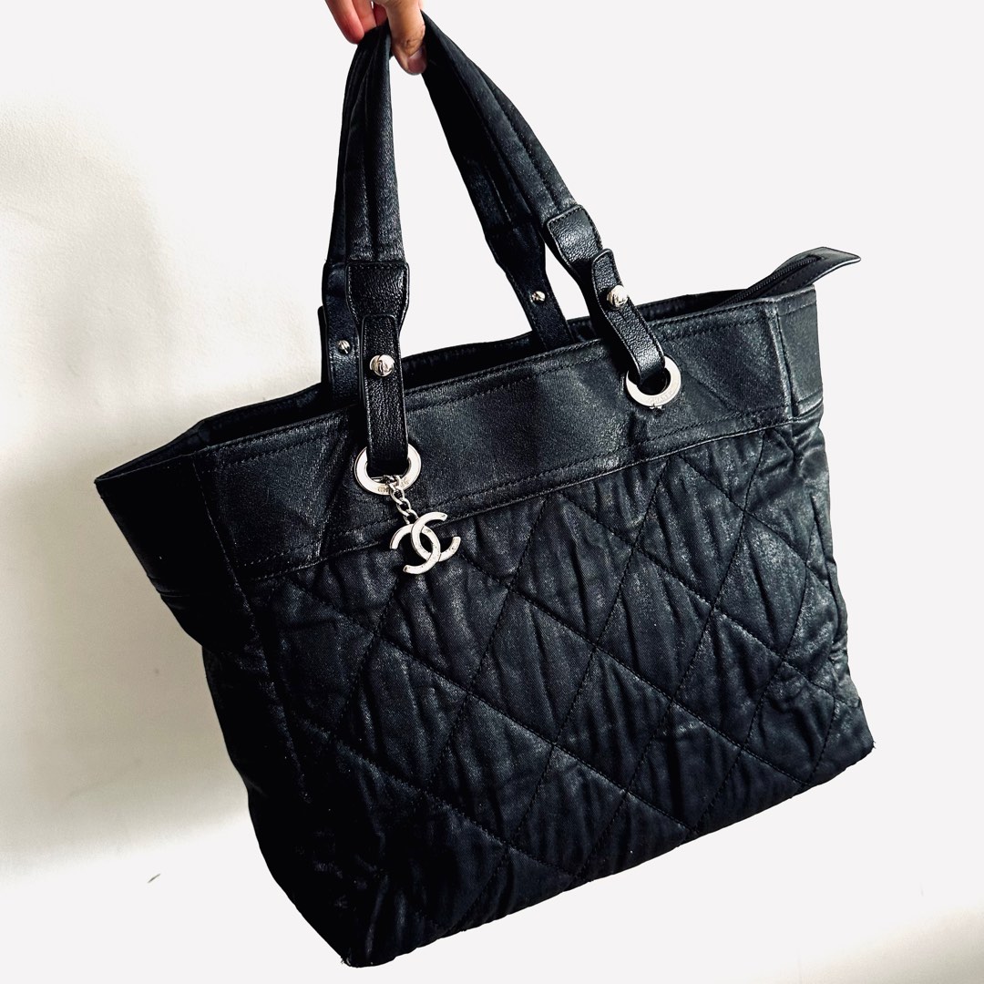 CHANEL, Bags, Chanel Paris Biarritz Tote Pm Black Coated Canvas Leather  Womens Tote Bag Black