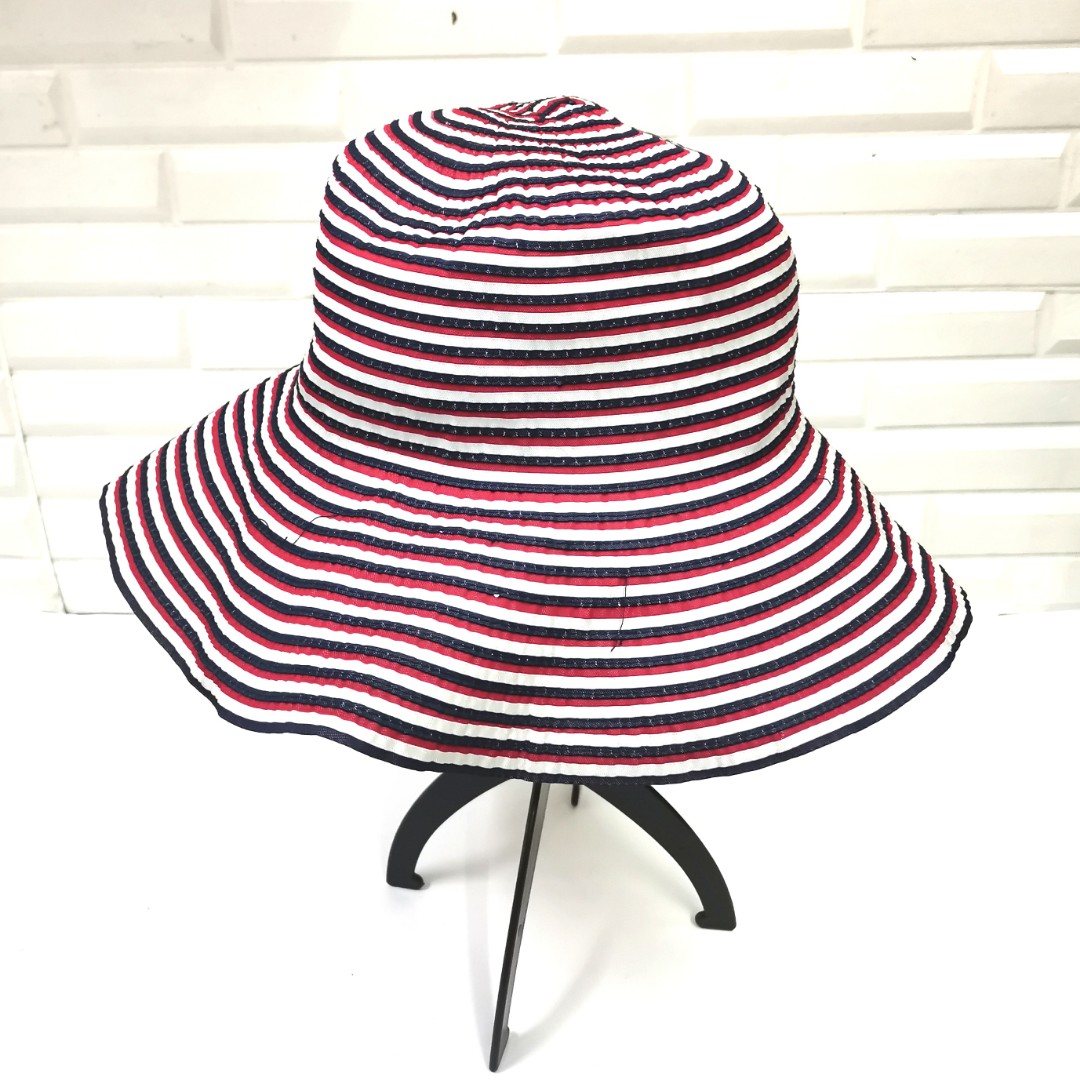 Tommy womens sun hat blue/red/white striped wide brim packable travel hats, Women's Fashion, Watches & Accessories, & Beanies on Carousell