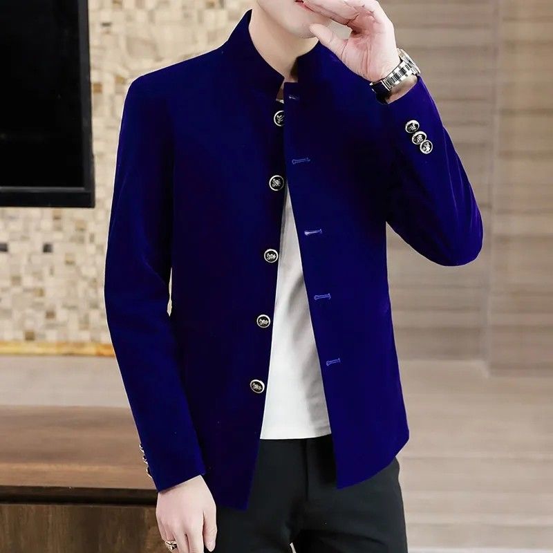 Velvet men jacket blazer maroon black blue mandarin collar men