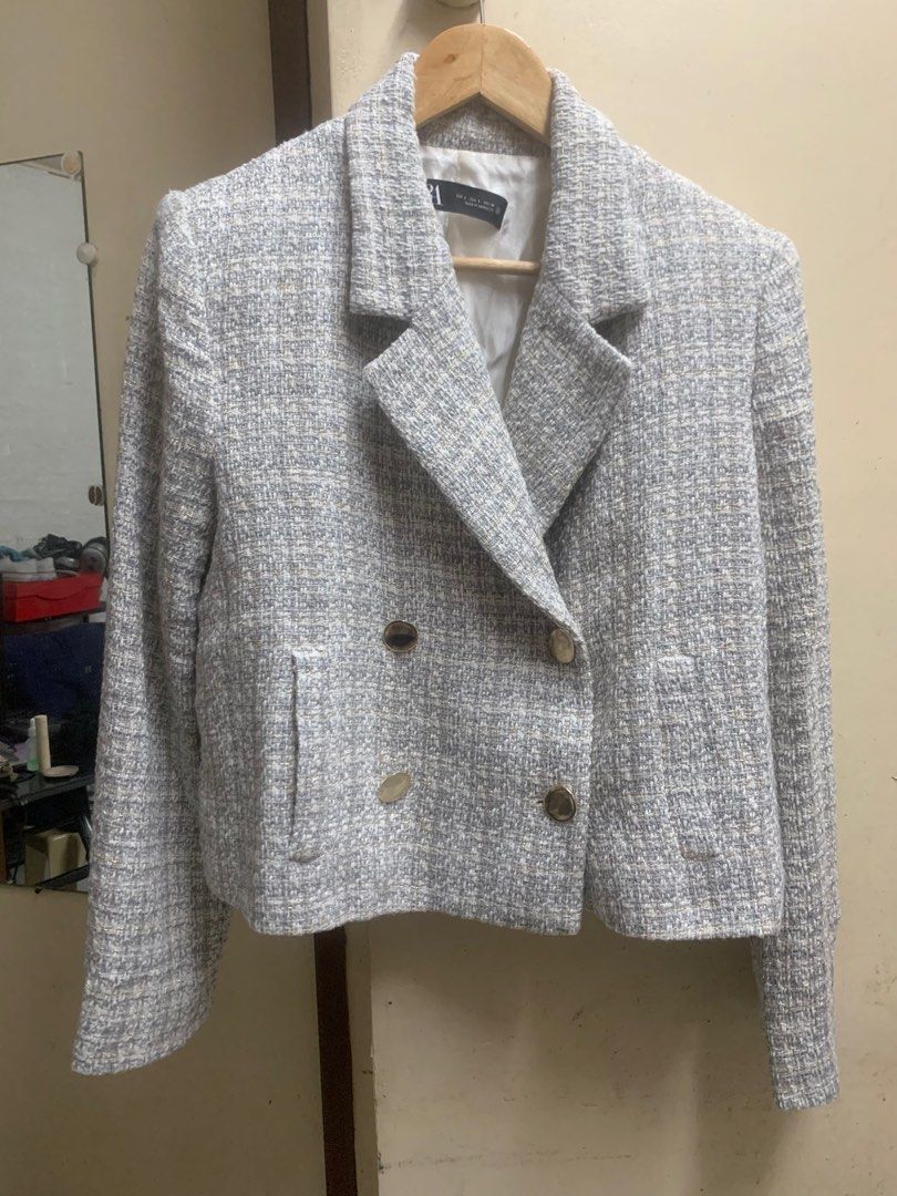 ZARA NEW COLLECTION Textured Weave Tweed Blazer Long Jacket Green Size  Small