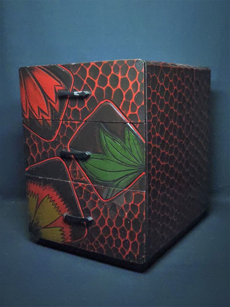 昭和老日本漆工藝朱漆花葉紋鎌倉彫三抽屜小物櫃飾品盒雜貨收納櫃茶道具