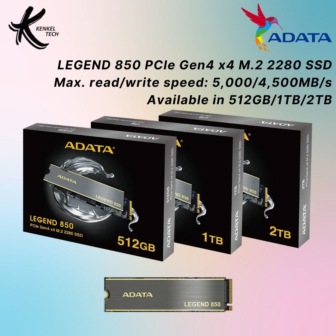ADATA LEGEND 850 PCIe Gen4 x4 M.2 2280 SSD Max. read/write speed:  5,000/4,500MB/s Available in 512GB/1TB/2TB