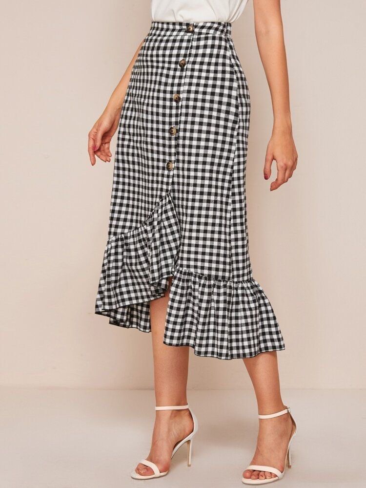 Gingham asymmetrical ruffle top skirt