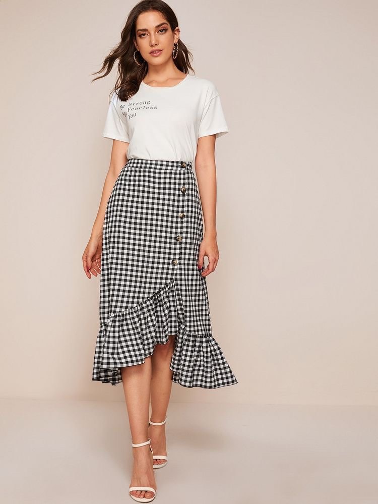 Gingham asymmetrical new arrivals ruffle skirt