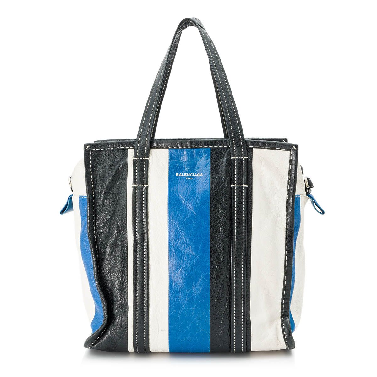 Balenciaga Bazar Two Way Stripes Small Tote Bag in Distressed Leather Silver Hardware Blue