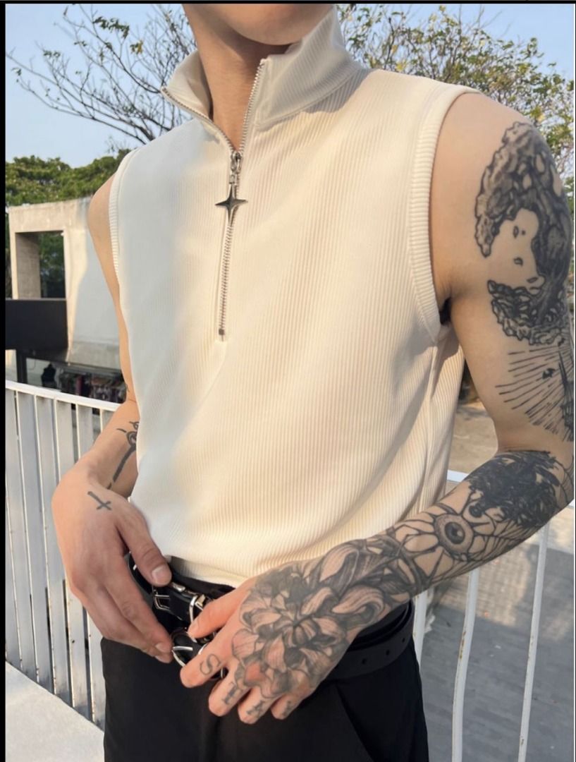 Beige Mens Sleevless Vest Half Zip with Collar, Men's Fashion