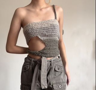 crocheted army green gray cut-out top