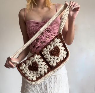 crocheted beige and brown heart bag